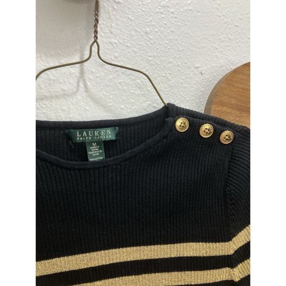 Lauren Ralph Lauren Preppy Sweater Womens Medium Classic Black Gold Stripe - Picture 9 of 14